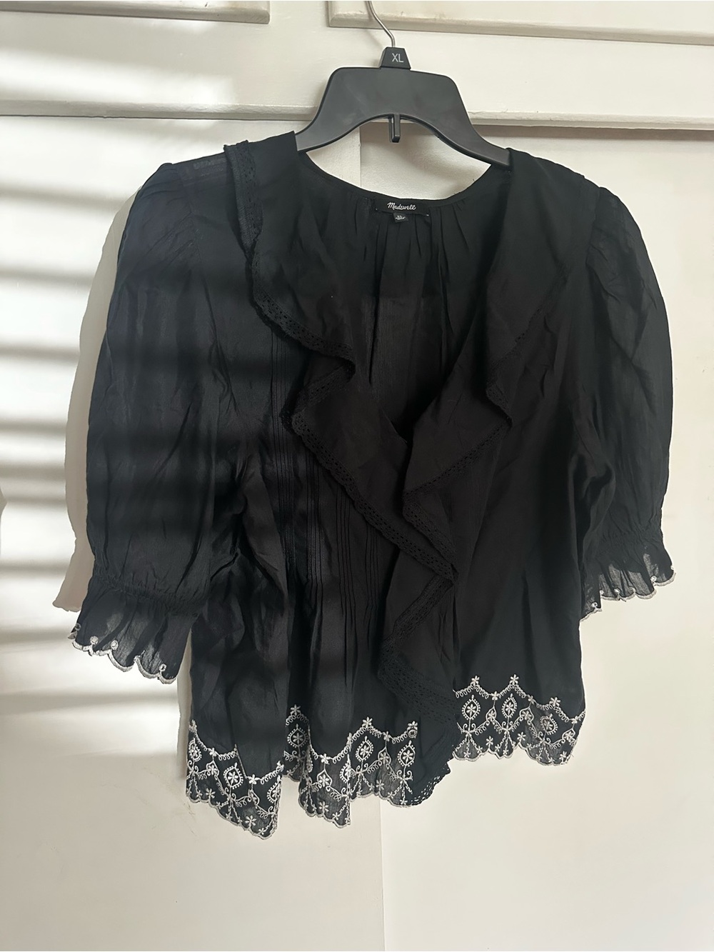 Madewell Black Ruffle Front Lace-Trim Blouse